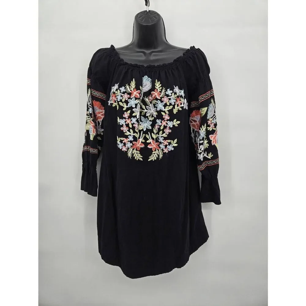 Free People Fluer Du Jour Dress Size XS Black Embroidered Floral Boho Summer